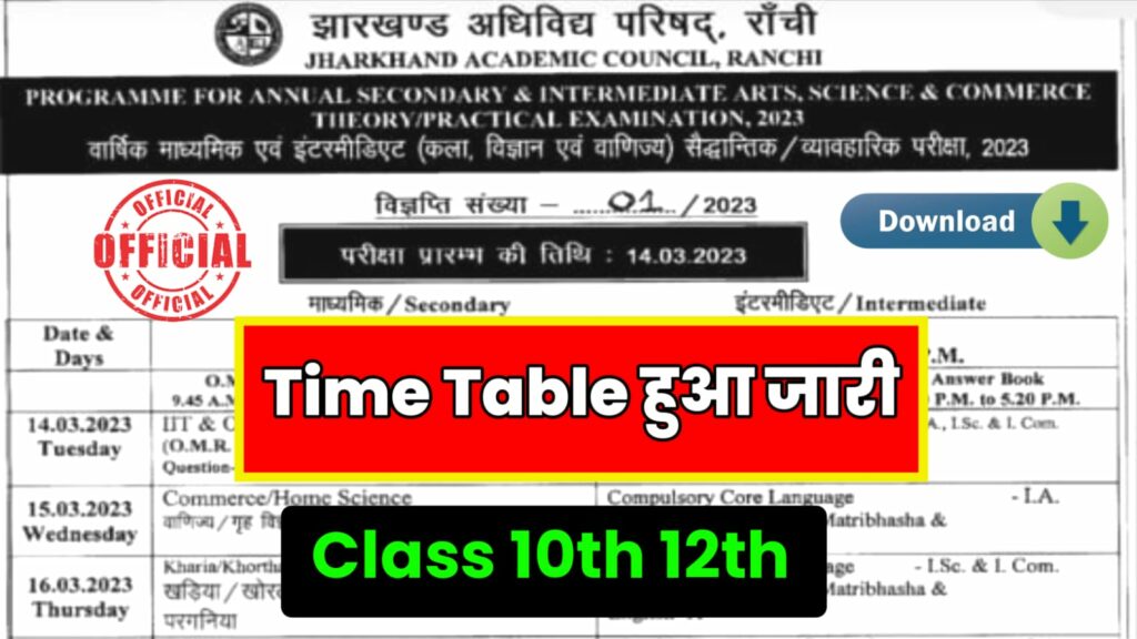 JAC Board 10th 12th Time Table