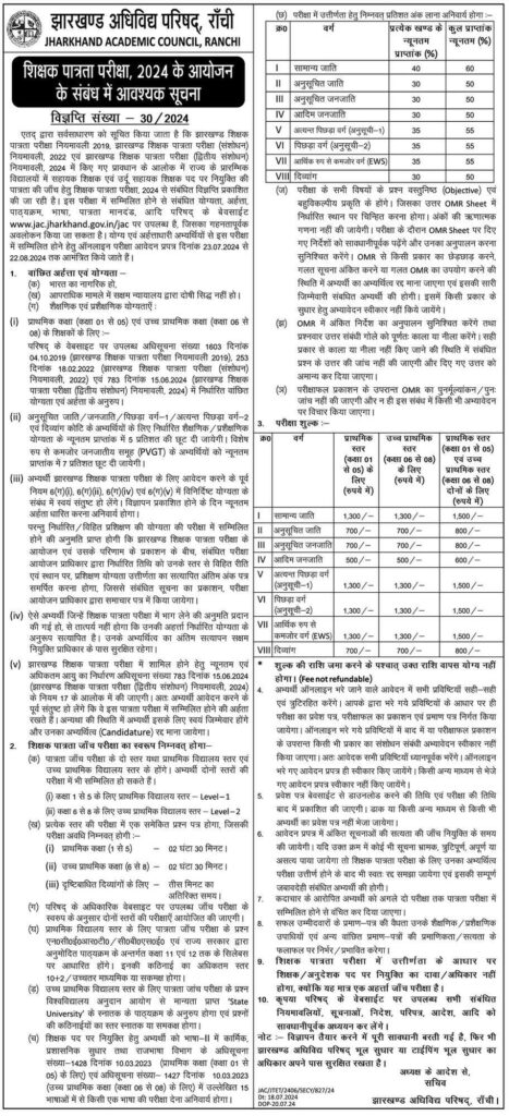 Jharkhand TET Official Notification 2024